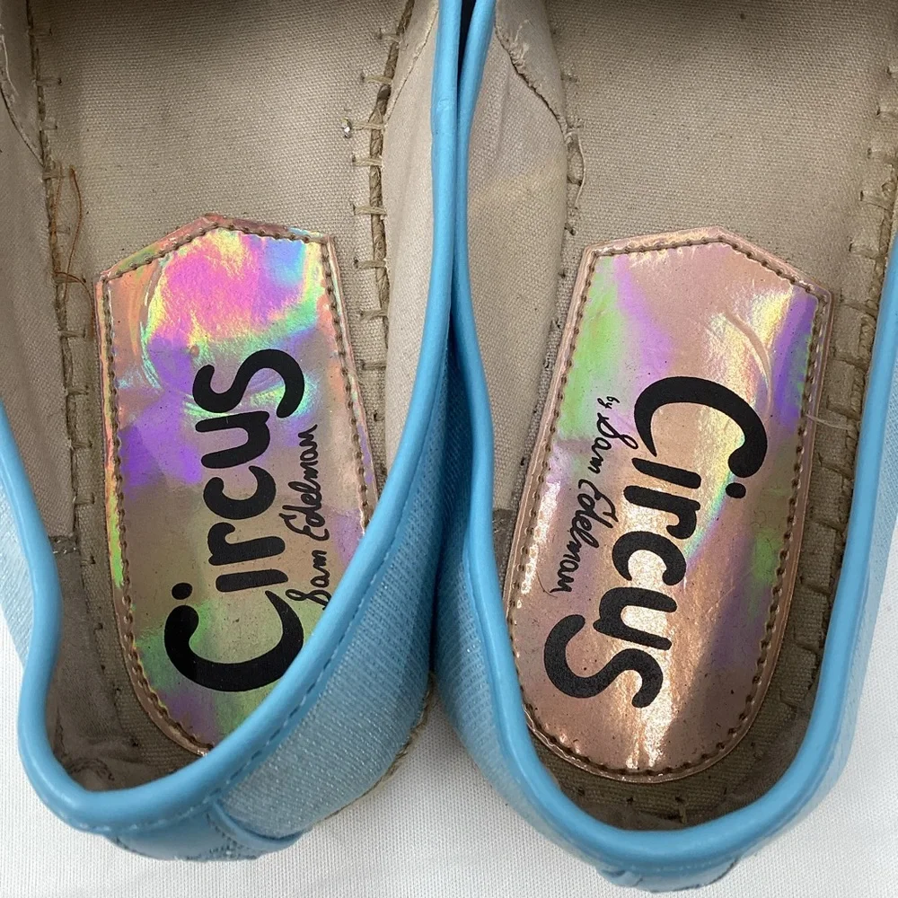 Sam Edelman Circus Light Blue Espadrille Flats with Bee & Gold Crown